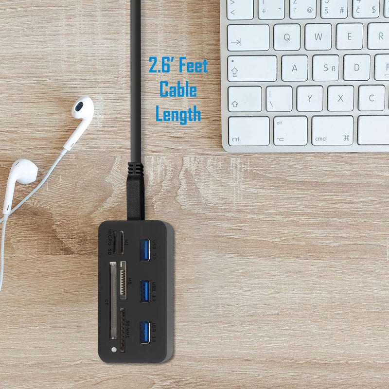 Kingwin USB HUB Adapter w/ Memory Card Reader Writer & USB 3.0 HUB Combo - Supports High Speed SD MS Micro M2 CF Card Reader For Macbook, Laptop, Desktop - Includes USB Cable 5 Gbps Speed, Black - Image 3